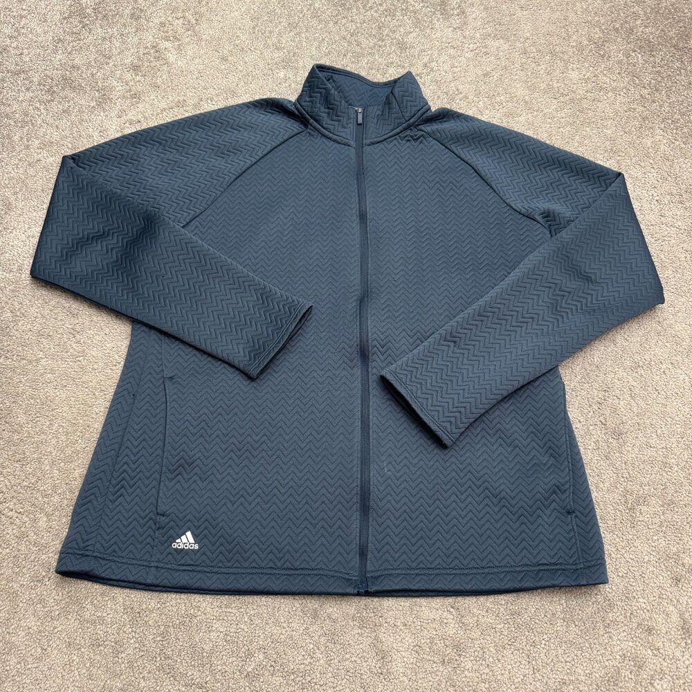 Adidas Textured Chevron Full Zip Jacket Womens XL Navy Blue Thumbholes Pockets